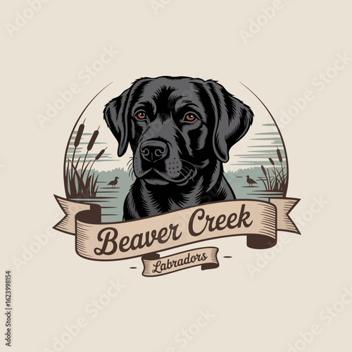 A majestic black Labrador retriever is portrayed in a serene natural setting, capturing the breed’s friendly disposition and loyalty amidst peaceful surroundings.