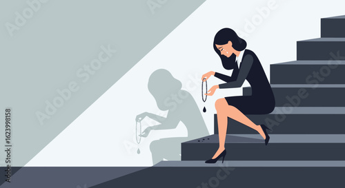 Woman On Stairs Reflecting Loss And Loneliness Holding A Broken Pearl Necklace