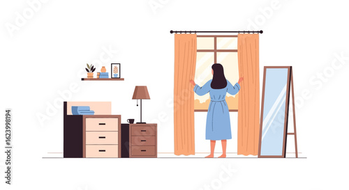 Woman opens curtains in bedroom, morning routine and domestic lifestyle illustration