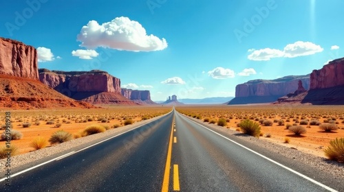 Endless Asphalt Journey Through a Vibrant Desert Landscape Under a Clear Sky