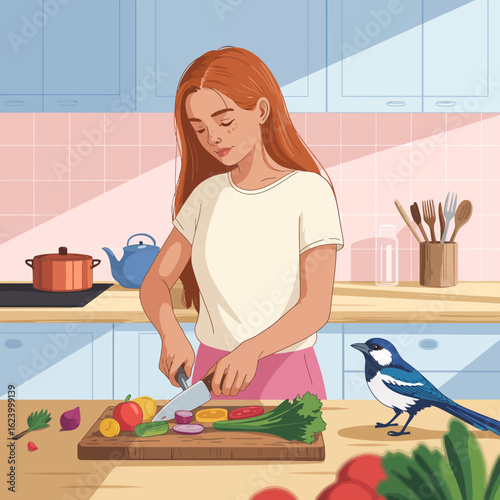 The young woman focuses intently on slicing vibrant vegetables in her modern kitchen, creating a lively scene infused with creativity and dedication to healthy eating.