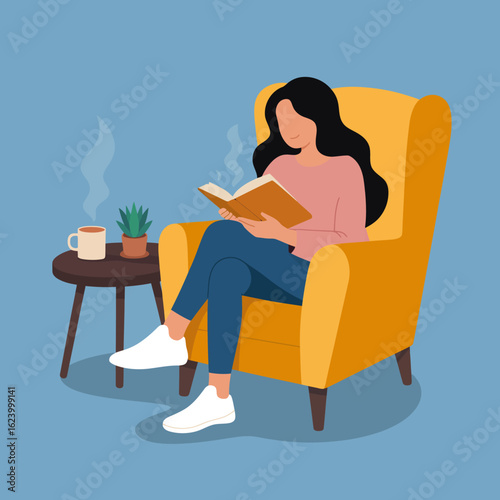 In a bright setting, a content woman enjoys a book in a cozy chair, with a steaming cup nearby and a plant, evoking a sense of peace and the joys of quiet moments.