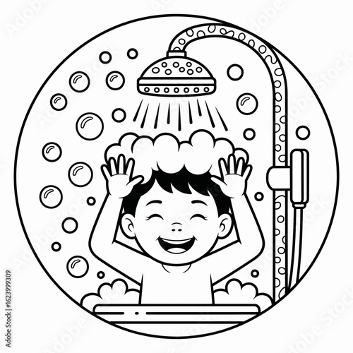 A cheerful boy enjoying a shower filled with bubbles, smiling with joy as he shampoos his hair, encapsulating the fun and freshness of bath time in a lively manner.
