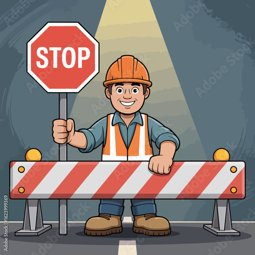 A construction worker in safety gear stands beside a barrier holding a stop sign, emphasizing the importance of safety and regulation in construction zones.