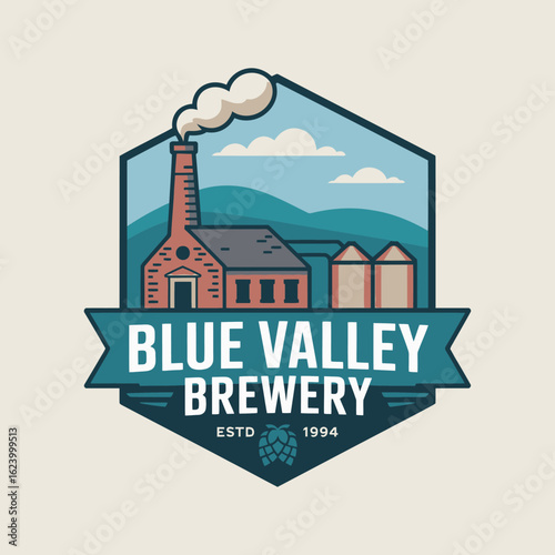 This logo presents Blue Valley Brewery with a vintage industrial charm, symbolizing craftsmanship and quality in beer production, perfect for craft beer enthusiasts.