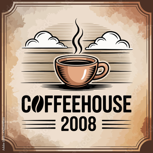 An artistic logo design for a coffeehouse featuring a steaming cup of coffee, encapsulating the cozy vibes and inviting customers to enjoy a comforting warm beverage.