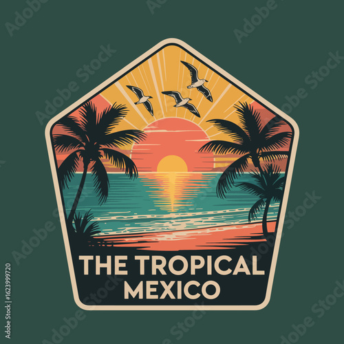 An artful depiction of palm trees framing a breathtaking sunset over tranquil waters, creating a magical tropical evening scene ideal for travel-inspired art.