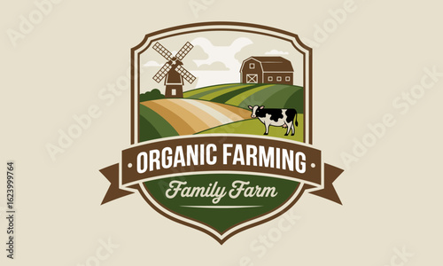 An inviting depiction of an organic family farm with rolling landscapes, a picturesque barn, and a grazing cow, encapsulating the essence of rural harmony and sustainable living.