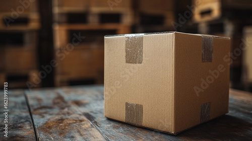 Cardboard box on wooden table in warehouse
