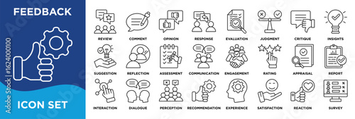 Feedback icon collection set. Containing review,comment,opinion,response,input,evaluation,assessment,critique,insight,suggestion icon. Simple line vector.	