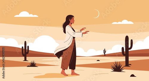 Woman Practices Mindfulness Meditation In A Desert Landscape Under Crescent Moon