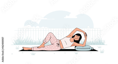 Woman Practices Peaceful Yoga Pose In Backyard Garden On Sunny Day