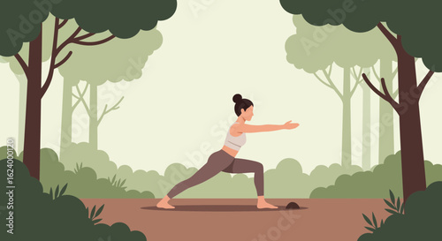 Woman Practices Warrior Yoga Pose Outdoors Surrounded By Green Trees