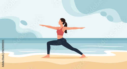 Woman Practices Warrior Two Pose During Sunrise Near Ocean On Sandy Beach