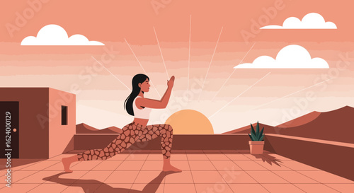 Woman Practices Yoga At Sunrise On A Rooftop Terrace Serene Urban Retreat