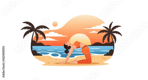 Woman Practices Yoga On Beach At Sunset Embracing Serenity And Peaceful Connection