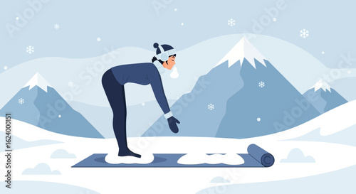 Woman Practices Winter Yoga Outdoors In A Snowy Mountain Landscape