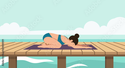 Woman Practicing Child's Pose on Dock With Ocean View Calm Waters