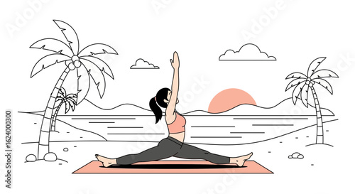 Woman Practicing Hanumanasana Pose Yoga on Beach Near Tropical Palm Trees