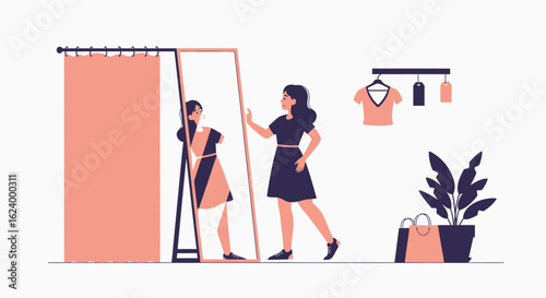 Woman Trying On Clothes In Dressing Room For Fashion Retail Shopping Experience