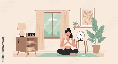 Woman Practicing Guided Meditation Using a Headset in Her Serene Home