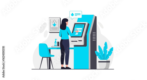 Woman Uses Automated System Interface For Digital Services In A Minimalist Setting