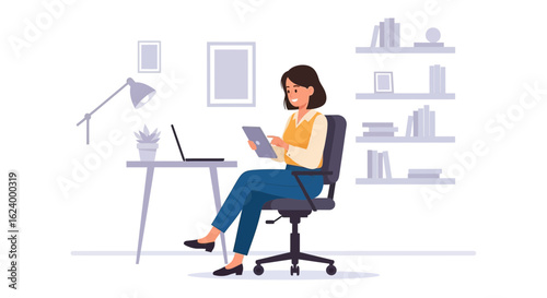 Woman Uses Tablet While Working Comfortably From Home Office Setup Illustration