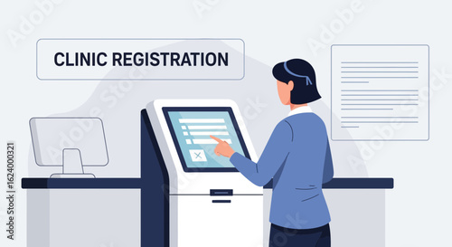 Woman Uses Self Service Kiosk For Clinic Registration Healthcare Technology
