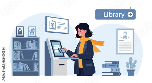 Woman Using a Self-Service Kiosk at the Library to Scan Books Illustration