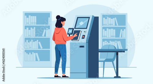 Woman Using Automated Library System For Borrowing Books At Self-Service Station