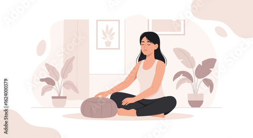 Woman Practicing Meditation In Peaceful Room With Plants And Natural Light