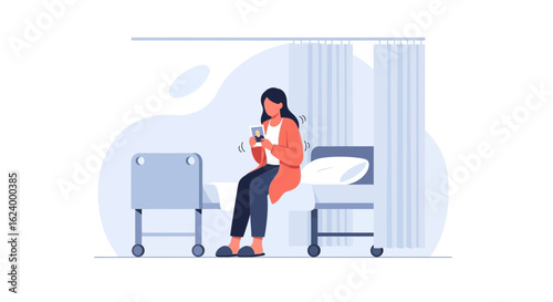 Woman using smartphone in hospital room conveying connection and distraction during recovery time
