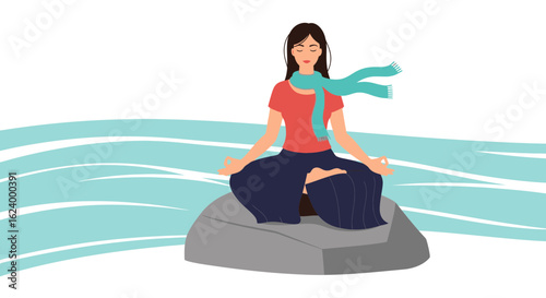 Woman Practicing Meditation On Rock Near River For Inner Calm and Harmony