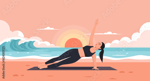 Woman Practicing Side Plank Pose On Beach At Sunset For Well Being