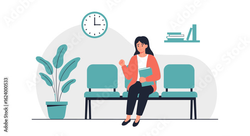 Woman Waits Anxiously With a Book For Her Appointment in the Waiting Room