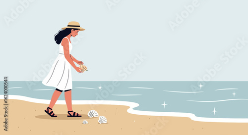 Woman Walking on Beach and Collecting Seashells During Summer Vacation