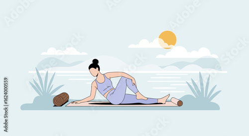 Woman Practicing Spinal Twist Exercise On Yoga Mat Against Serene Backdrop