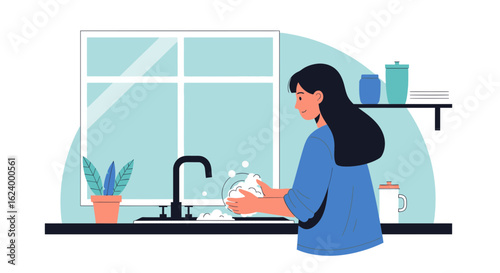 Woman Washing Dishes At Home By The Window In Minimalist Vector Illustration