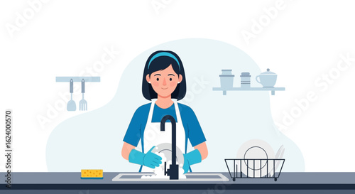 Woman Washing Dishes At The Sink Doing Housework Everyday Lifestyle