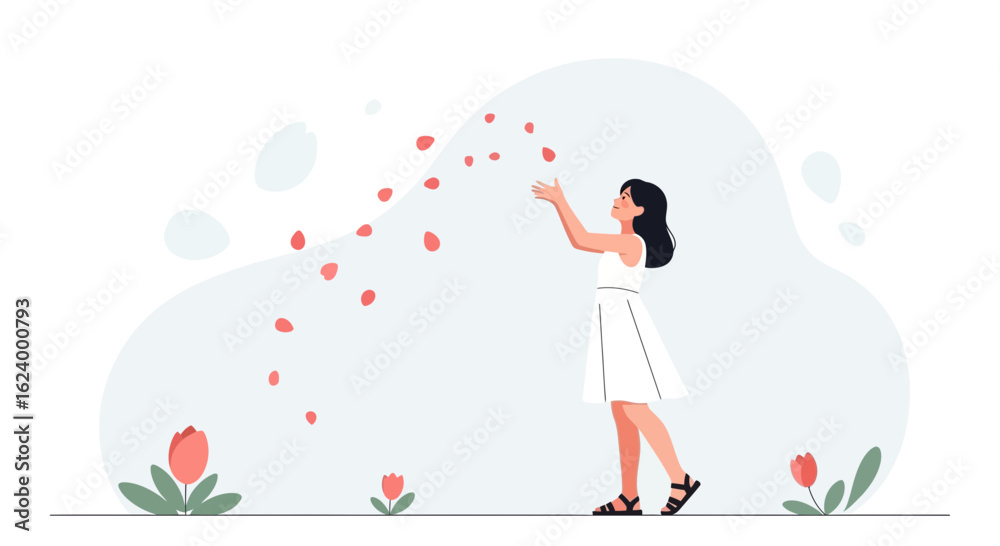 Obraz premium Woman With Rose Petals Vector Illustration For Romance And Spring