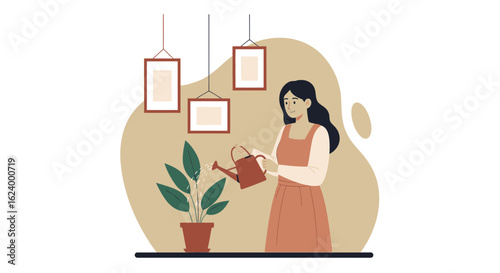 Woman Watering Potted Plant In Interior With Hanging Frames For Home Decoration