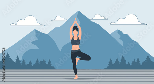 Woman Practicing Vrksasana Yoga Pose With A Mountain Landscape In The Background