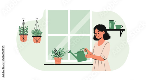 Woman Watering Potted Plant Near The Window In A Green Minimalist Interior