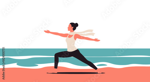 Woman Practicing Warrior Pose Yoga On The Peaceful Beach At Sunrise