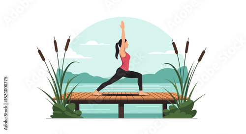 Woman Practicing Warrior Yoga Pose Outdoors on Wooden Platform Serene Landscape