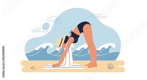Woman Practicing Yoga Downward Facing Dog Pose at Serene Sandy Beach