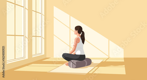 Woman Practicing Yoga In A Bright Room With Natural Light Meditation Pose