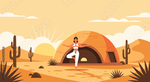 Woman Practicing Yoga in Desert Landscape for Wellness and Spirituality