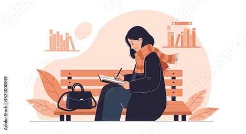Woman Writes In A Notebook On A Bench In Park During Autumn Season