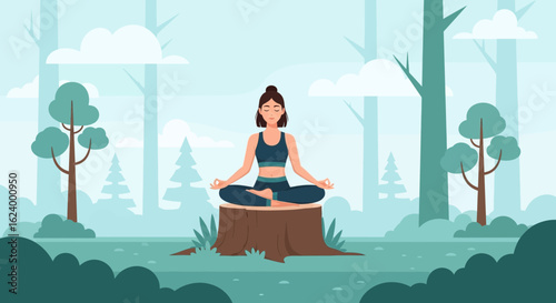 Woman practicing yoga in the forest, finding peace and harmony with nature for wellness and mindfulness enjoying a relaxing meditation